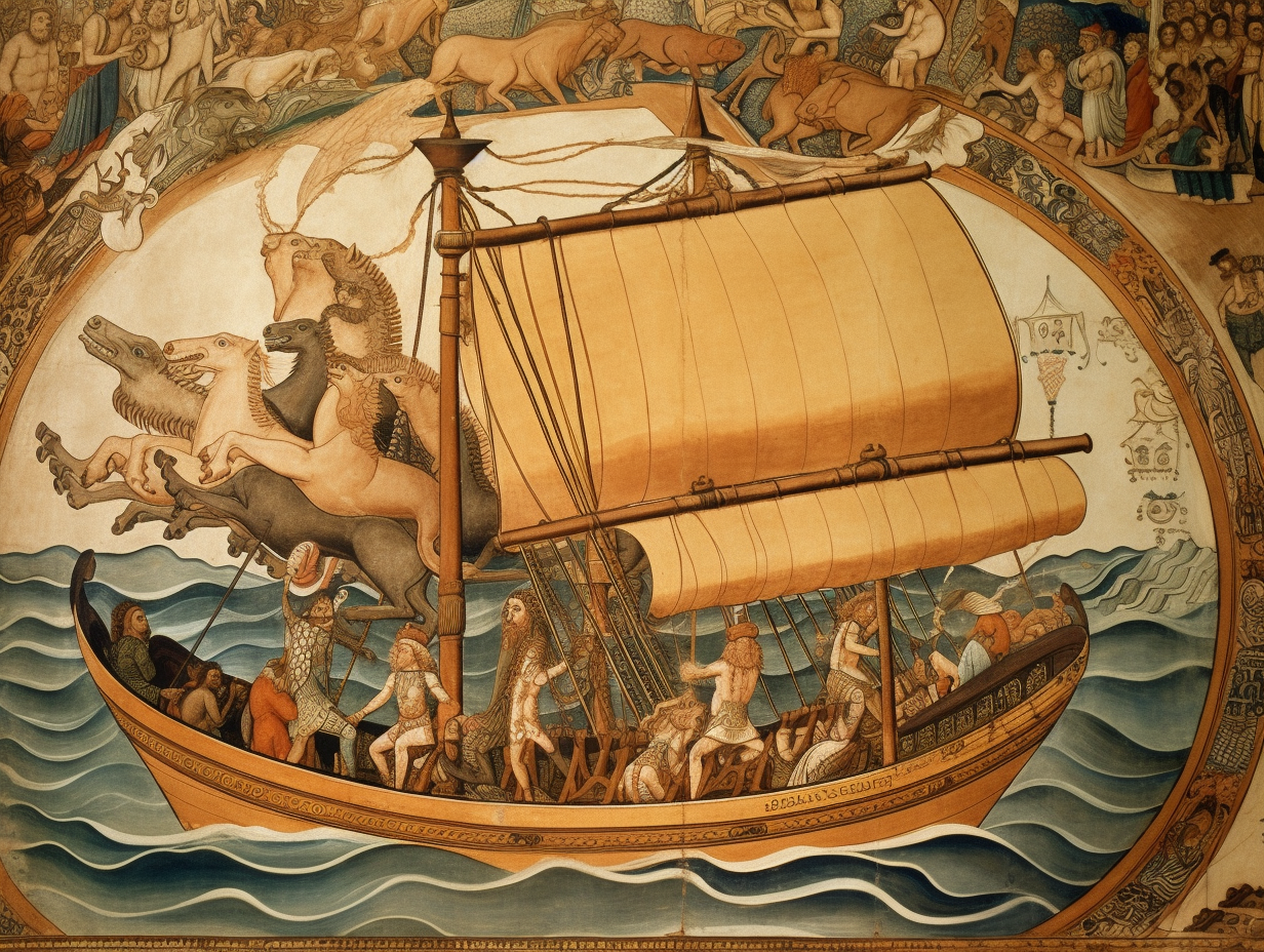 A mural depicting a ship with people on it, inspired by Greek tales.