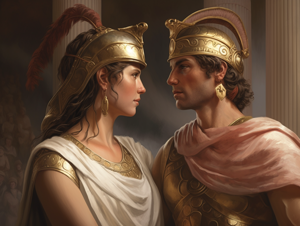 A painting of the Trojan War featuring a man and a woman in armor.