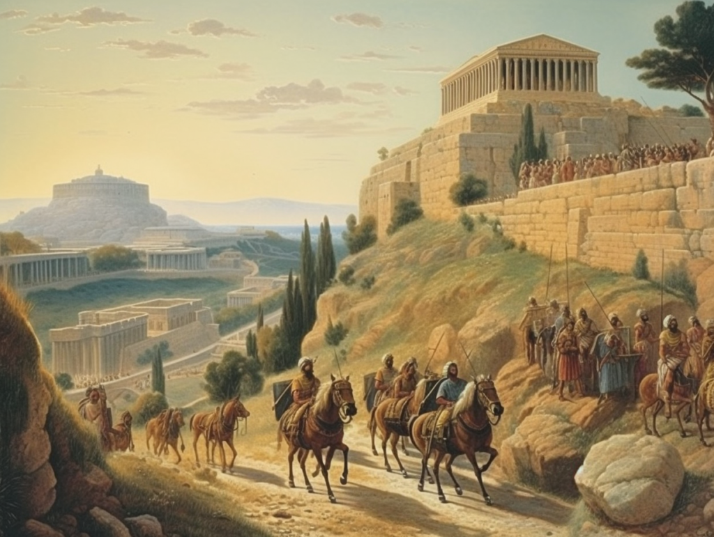 A historical painting of people riding horses on a hillside.
