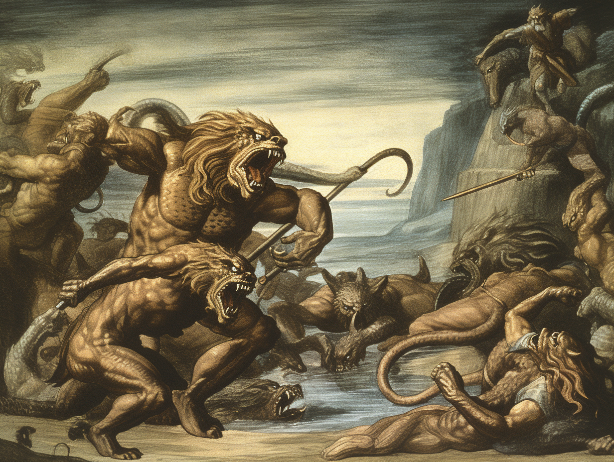 A mythological painting of a lion attacking a group of men.