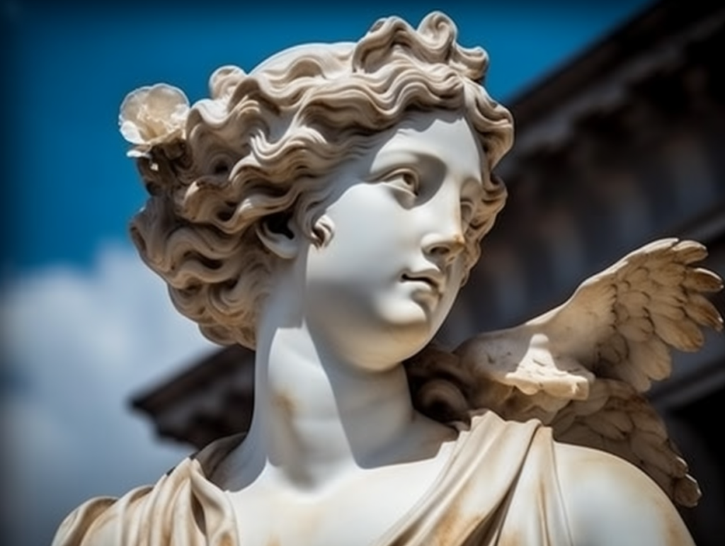 A love goddess statue with a bird perched on her head.