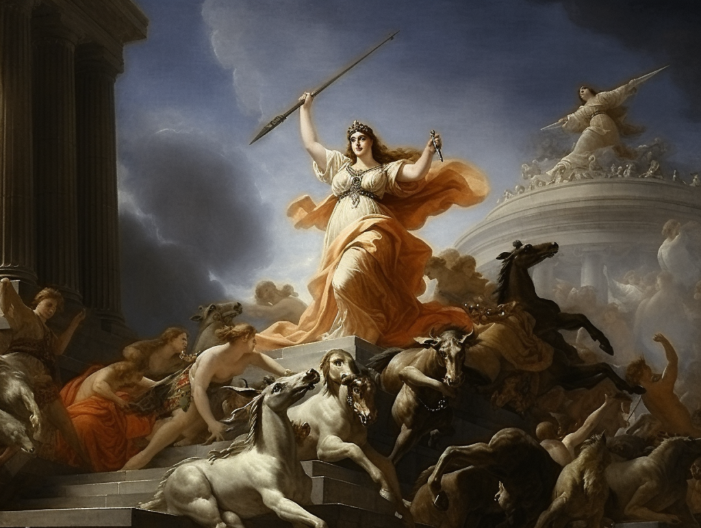 A painting of a woman riding a horse in front of a building.