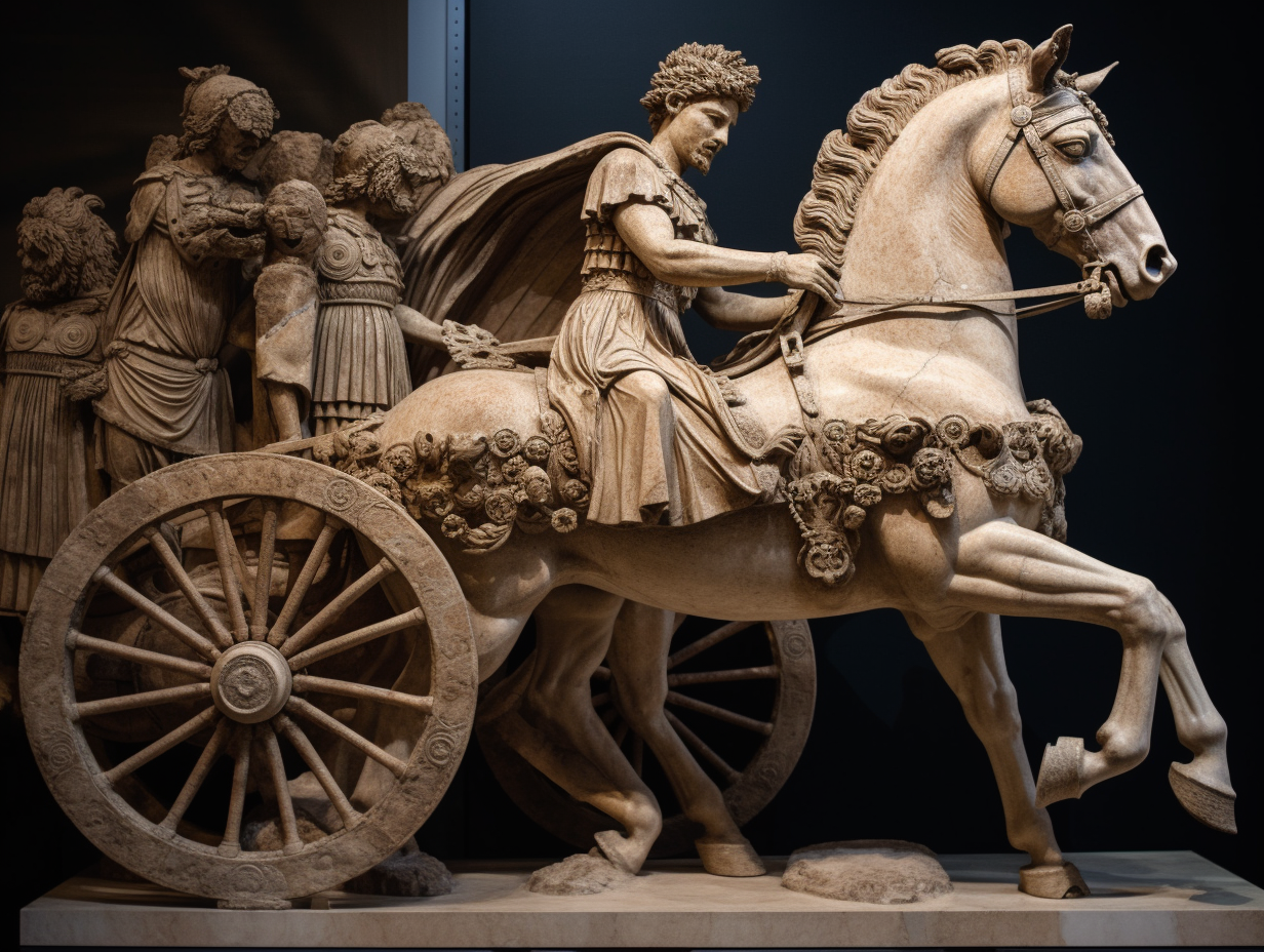 A statue of a man on a horse pulling a chariot.