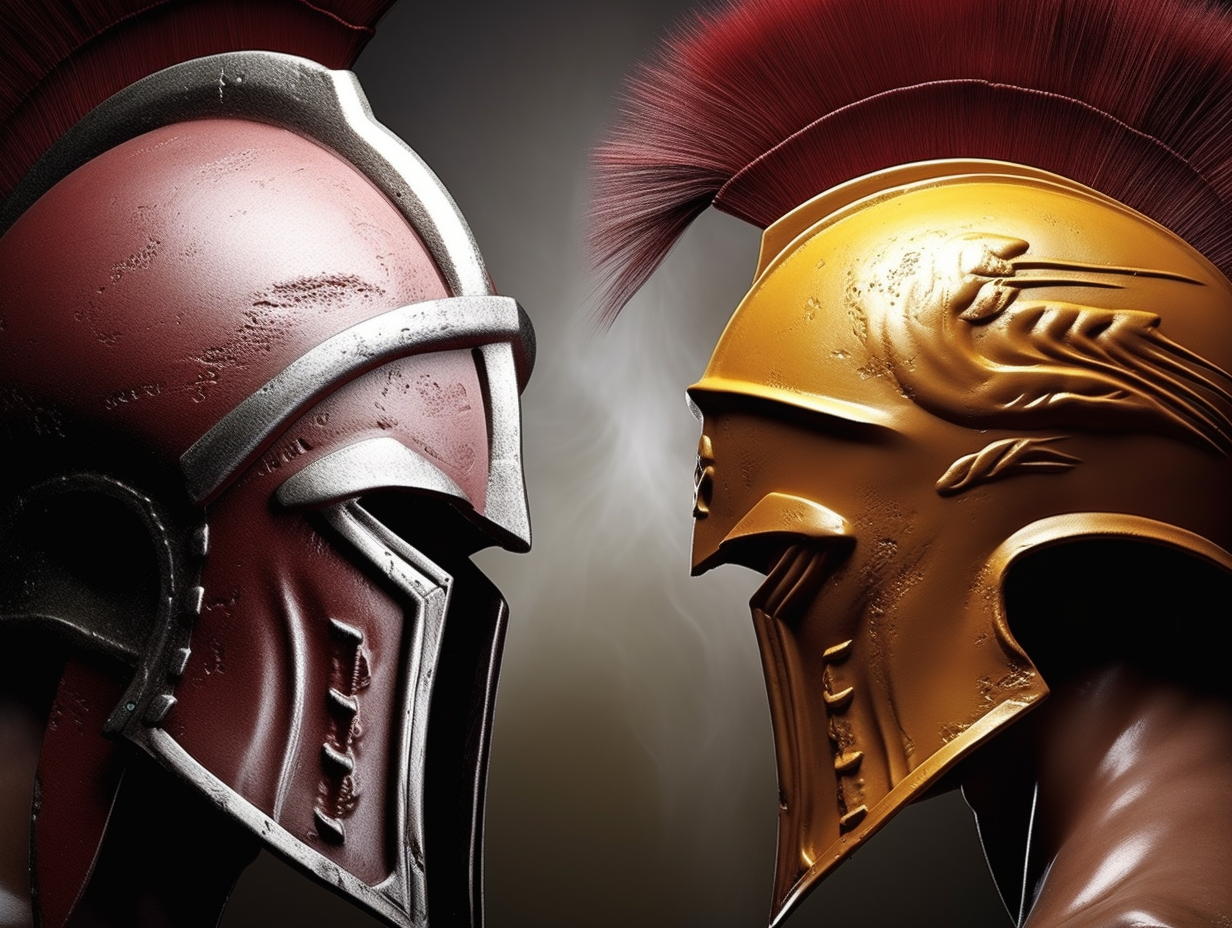 Two spartan helmets facing each other on a dark background.