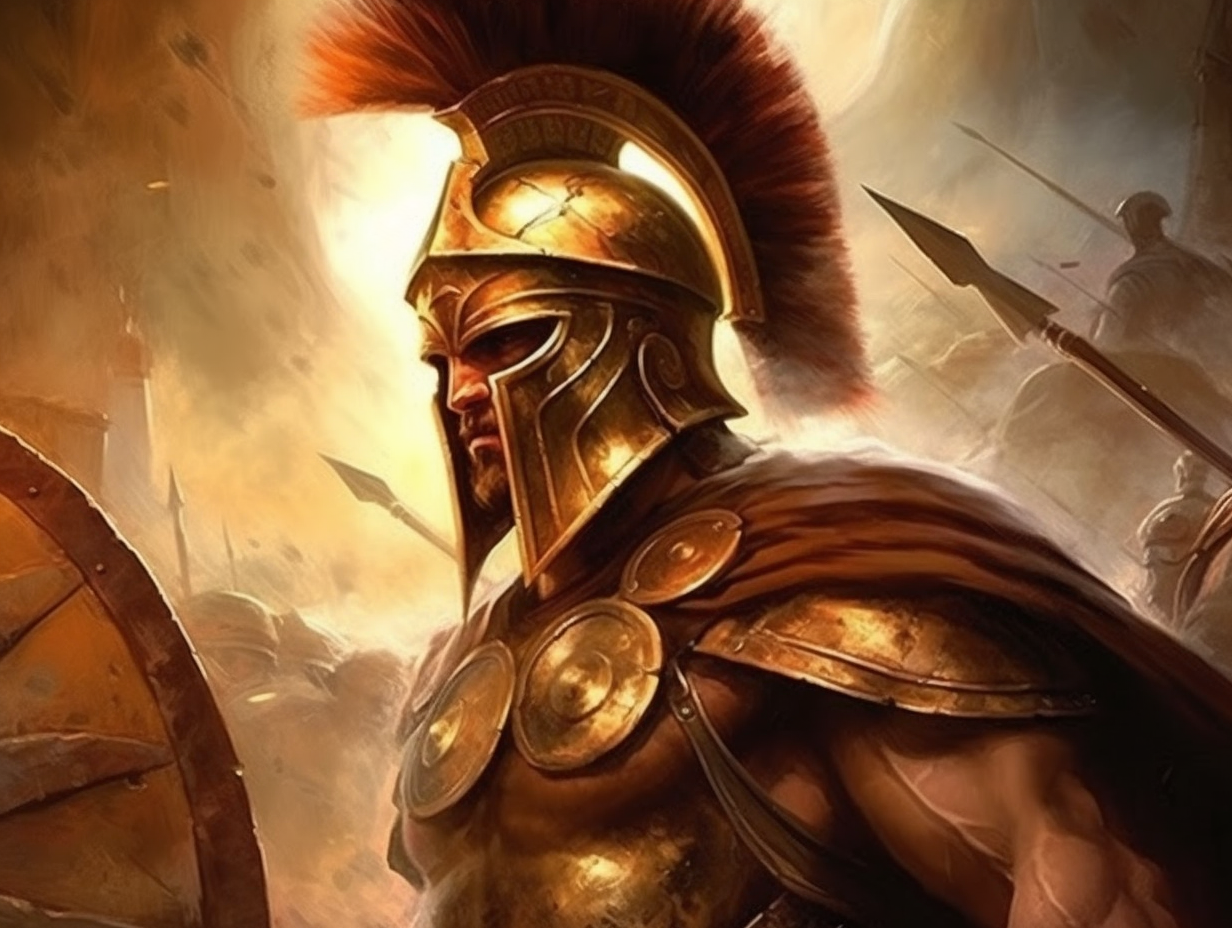 A spartan warrior is standing in front of a shield.