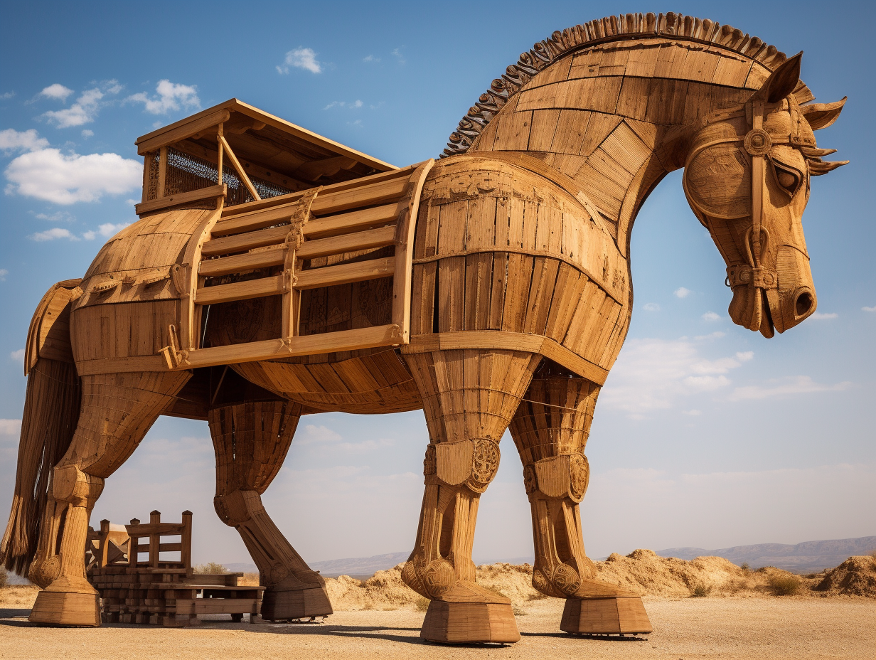 A wooden horse is standing in the desert.