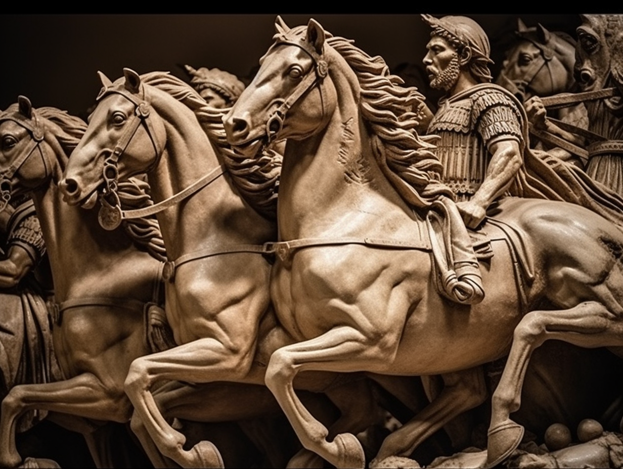 A statue depicting men on horses engaging in the Trojan Wars.