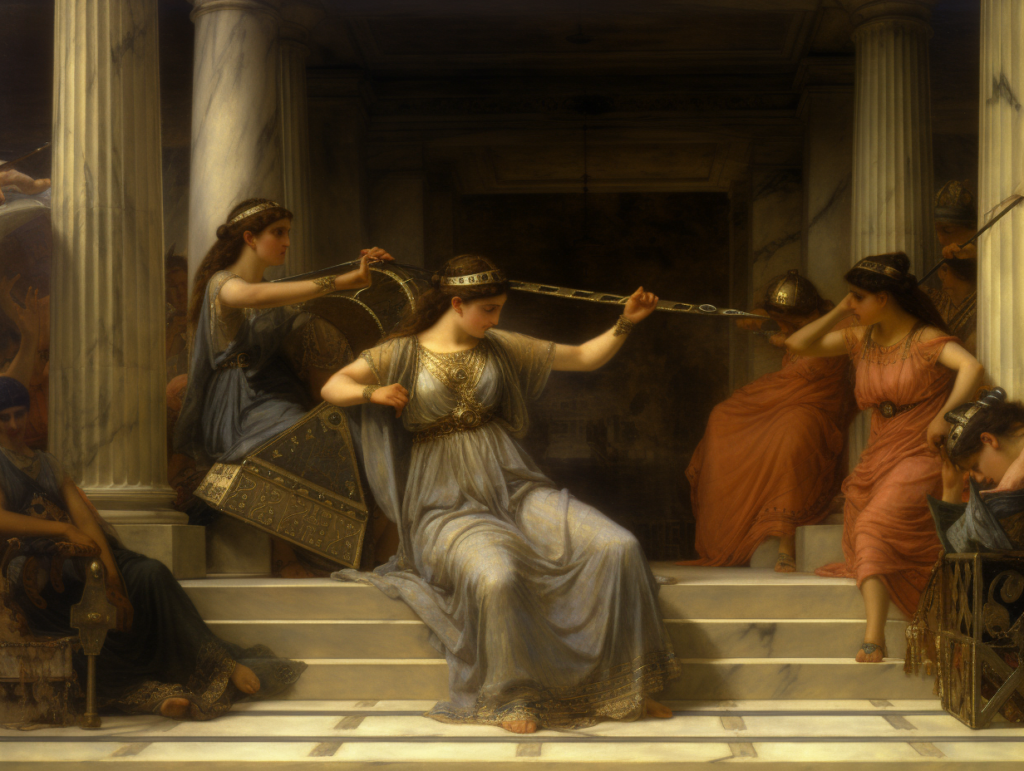 A mythological painting depicting a woman playing a harp, inspired by the myth of Cassandra.