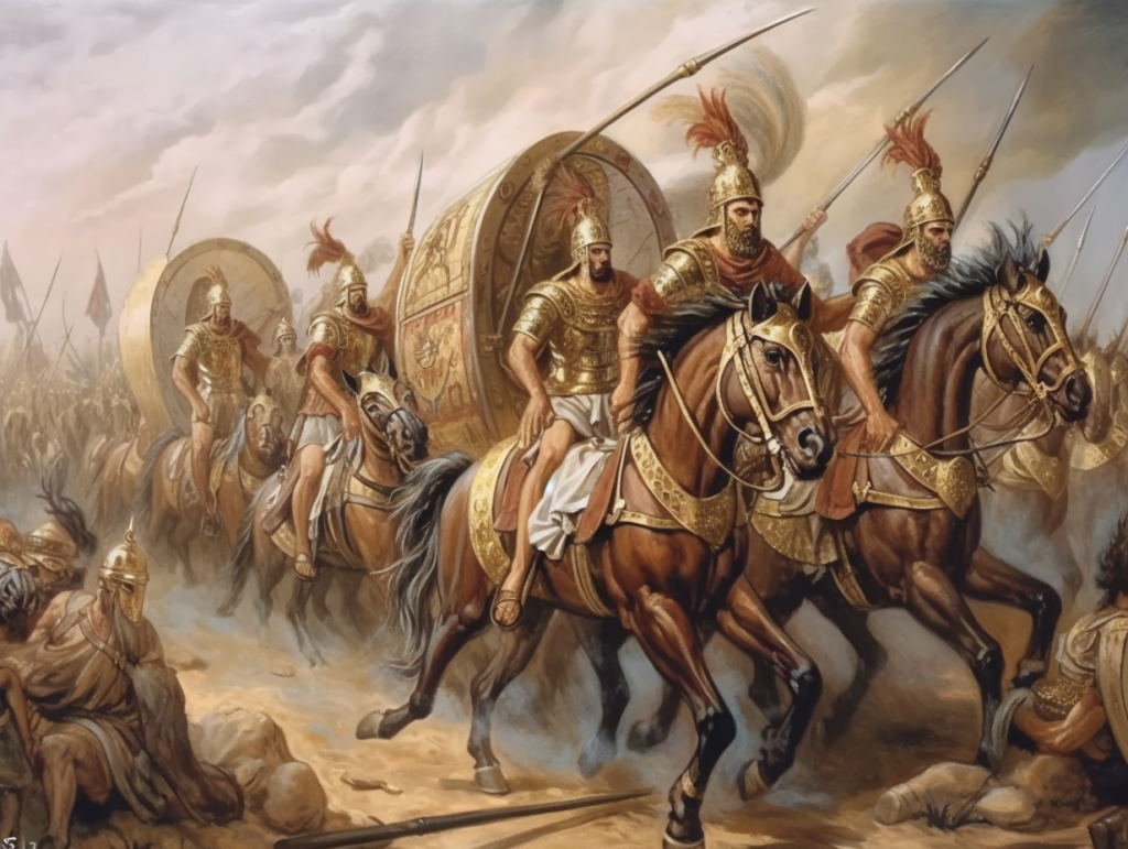 A painting of a group of men on horses during the Trojan War.