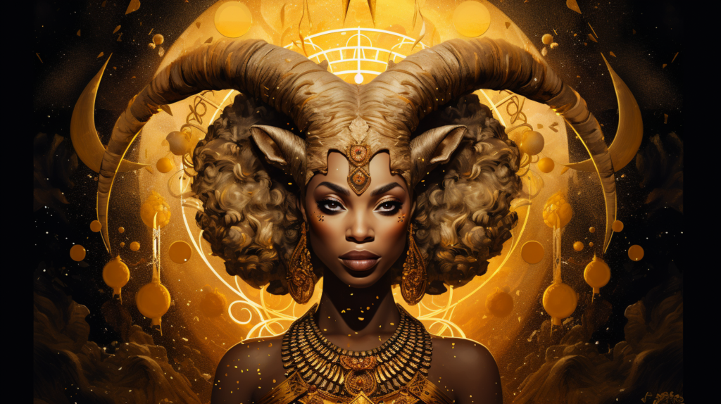 A woman with horns and a golden background, embodying the celestial energy of Capricorn Orisha.