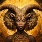 A woman with horns and a golden background, embodying the celestial energy of Capricorn Orisha.