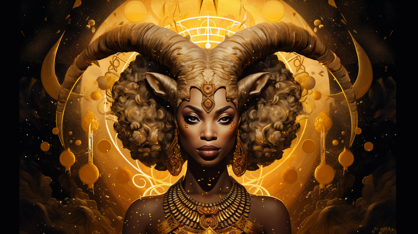 A woman with horns and a golden background, embodying the celestial energy of Capricorn Orisha.