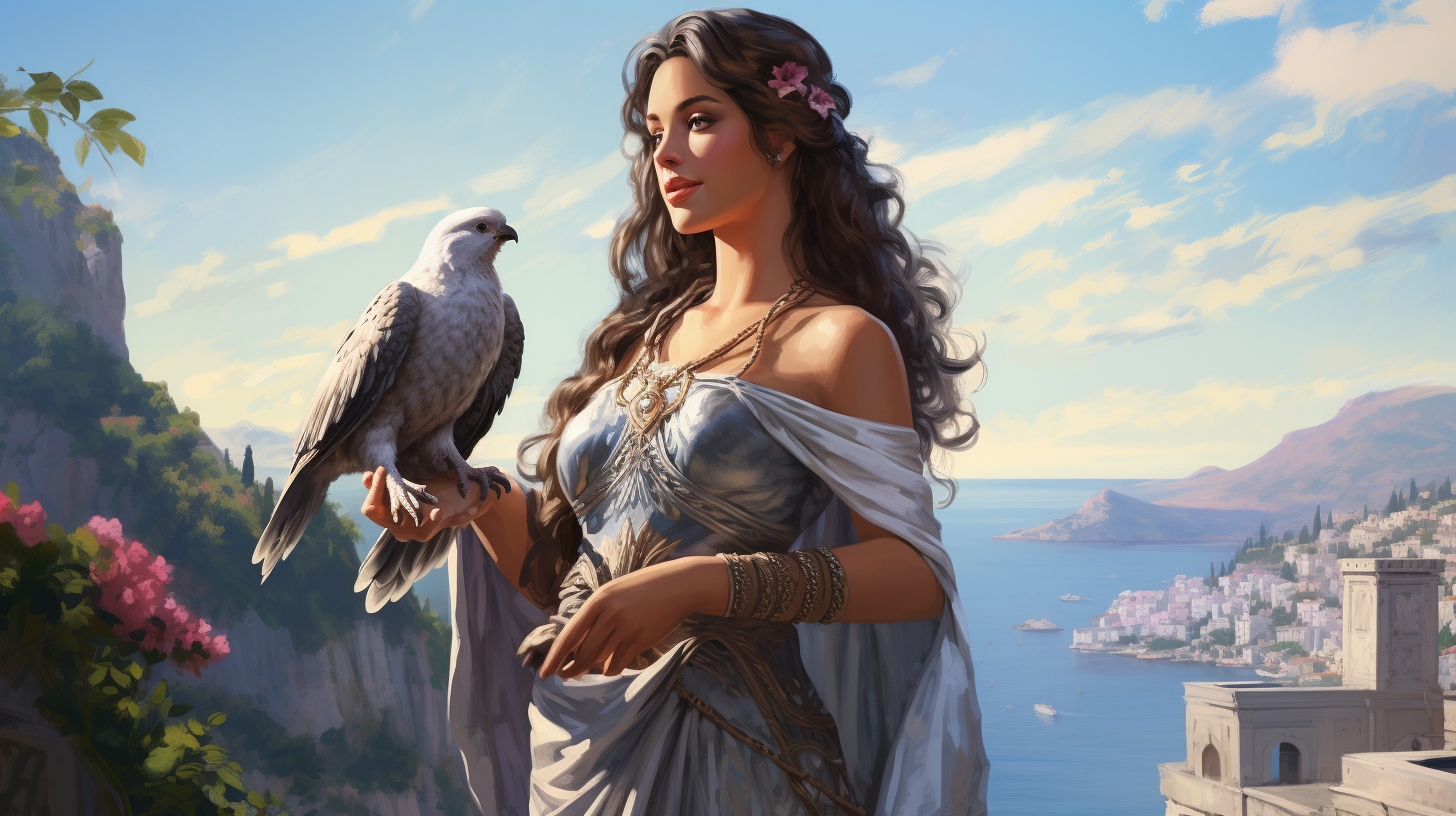 Aphrodites in a dress holding a beloved dove.