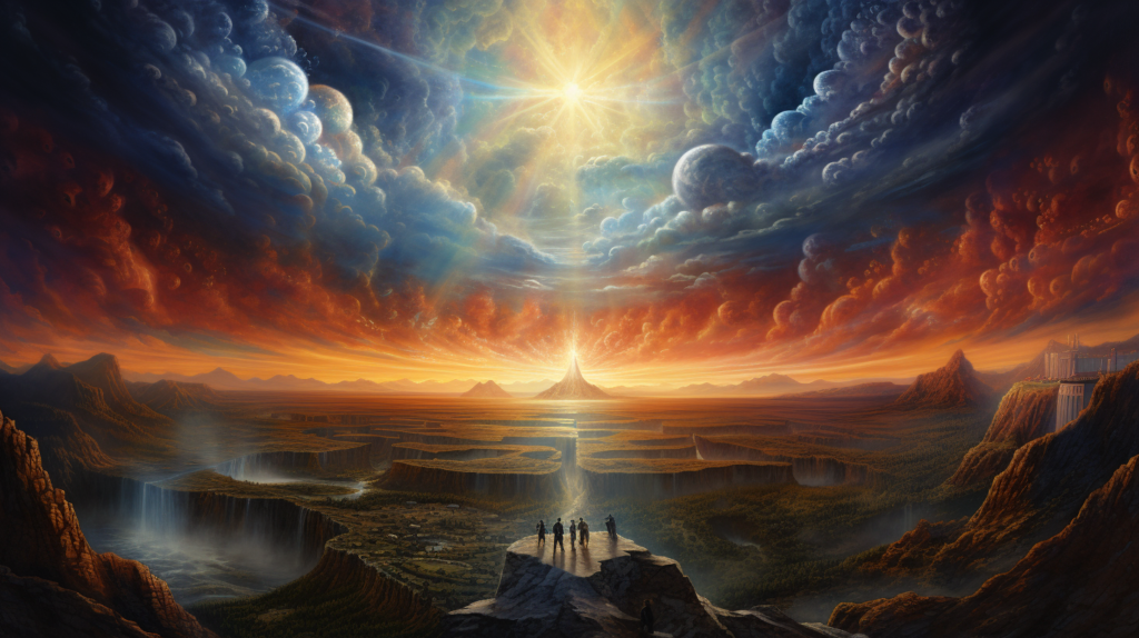 An awe-inspiring painting capturing the significance and grandeur of a sun rising over a majestic mountain.