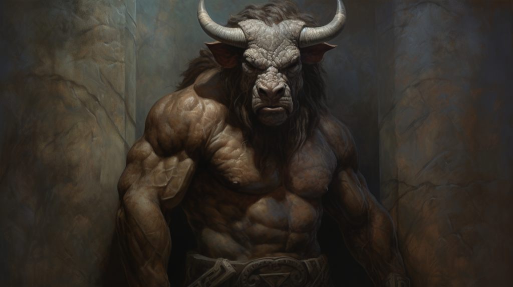 A mythical creature reminiscent of a minotaur, with large horns, is the central subject of this painting.