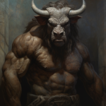 A mythical creature reminiscent of a minotaur, with large horns, is the central subject of this painting.