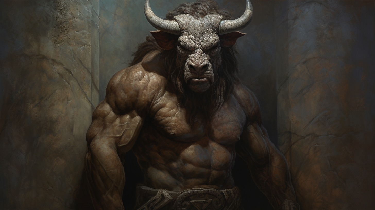 A mythical creature reminiscent of a minotaur, with large horns, is the central subject of this painting.