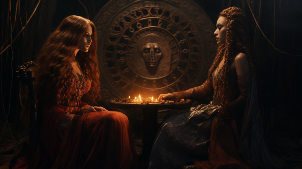 Circe and Medea sitting at a table with a candle in front of them.