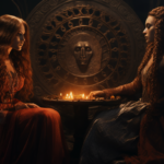 Circe and Medea sitting at a table with a candle in front of them.