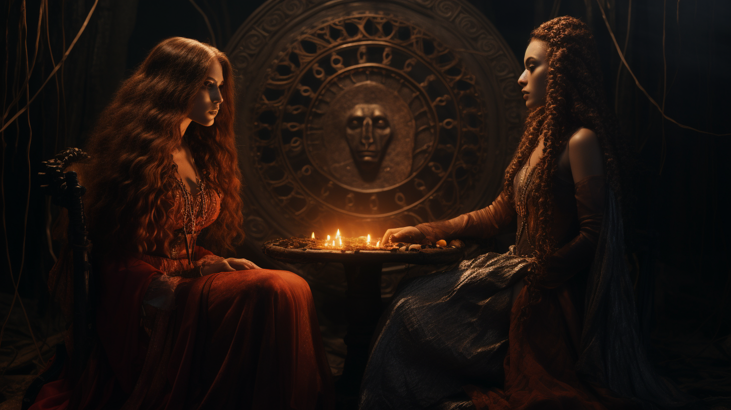 Circe and Medea sitting at a table with a candle in front of them.