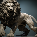 An enigmatic Neumian Lion stands stoically in the dimly-lit room, its mysterious presence begging for unraveling.