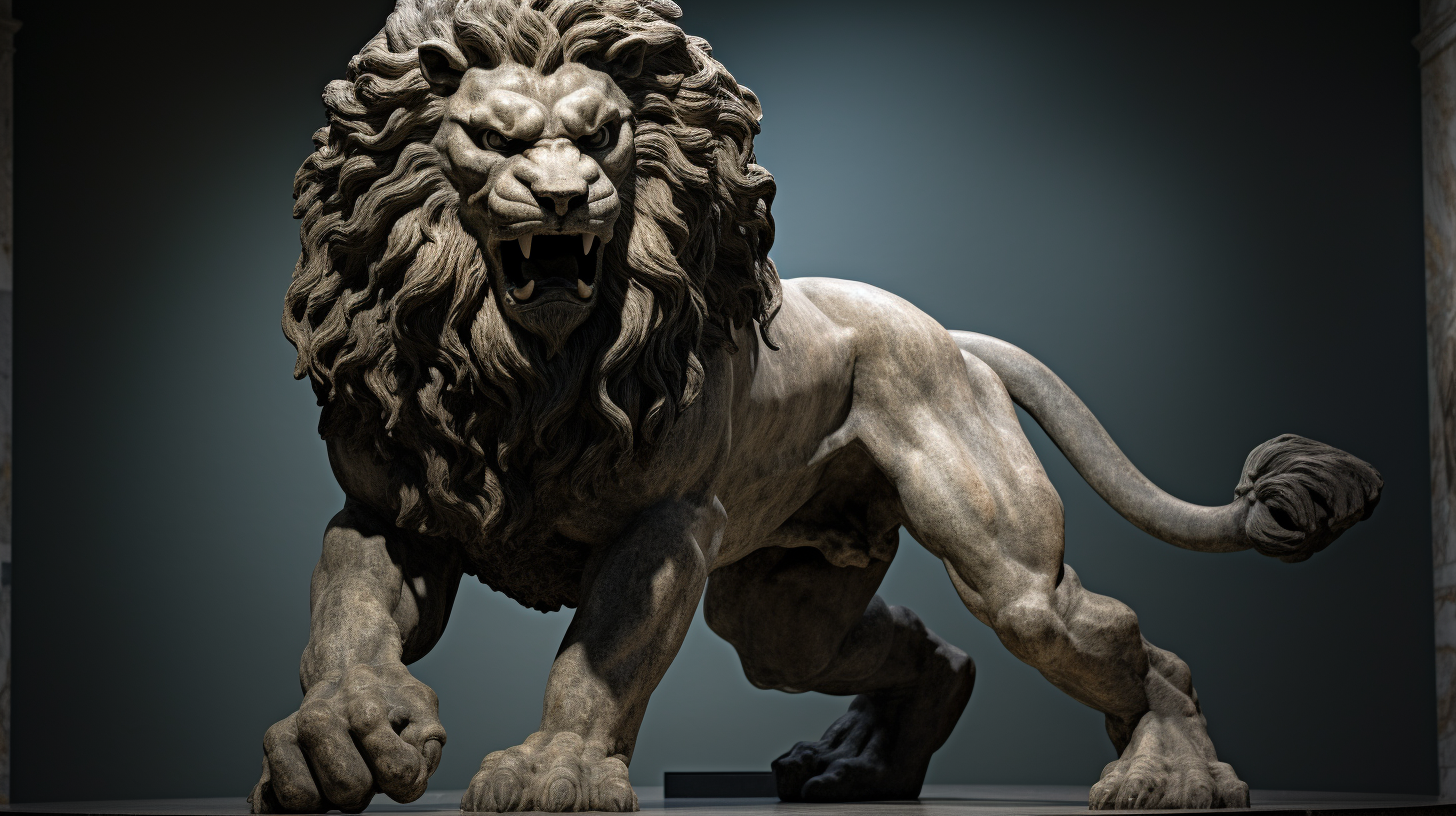 An enigmatic Neumian Lion stands stoically in the dimly-lit room, its mysterious presence begging for unraveling.